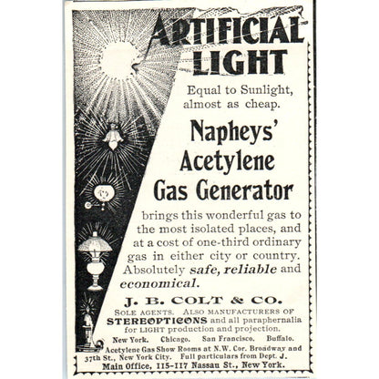 Artificial Light Napheys' Acetylene Gas Generator J.B Colt & Co 1897 Ad AE9-TS10