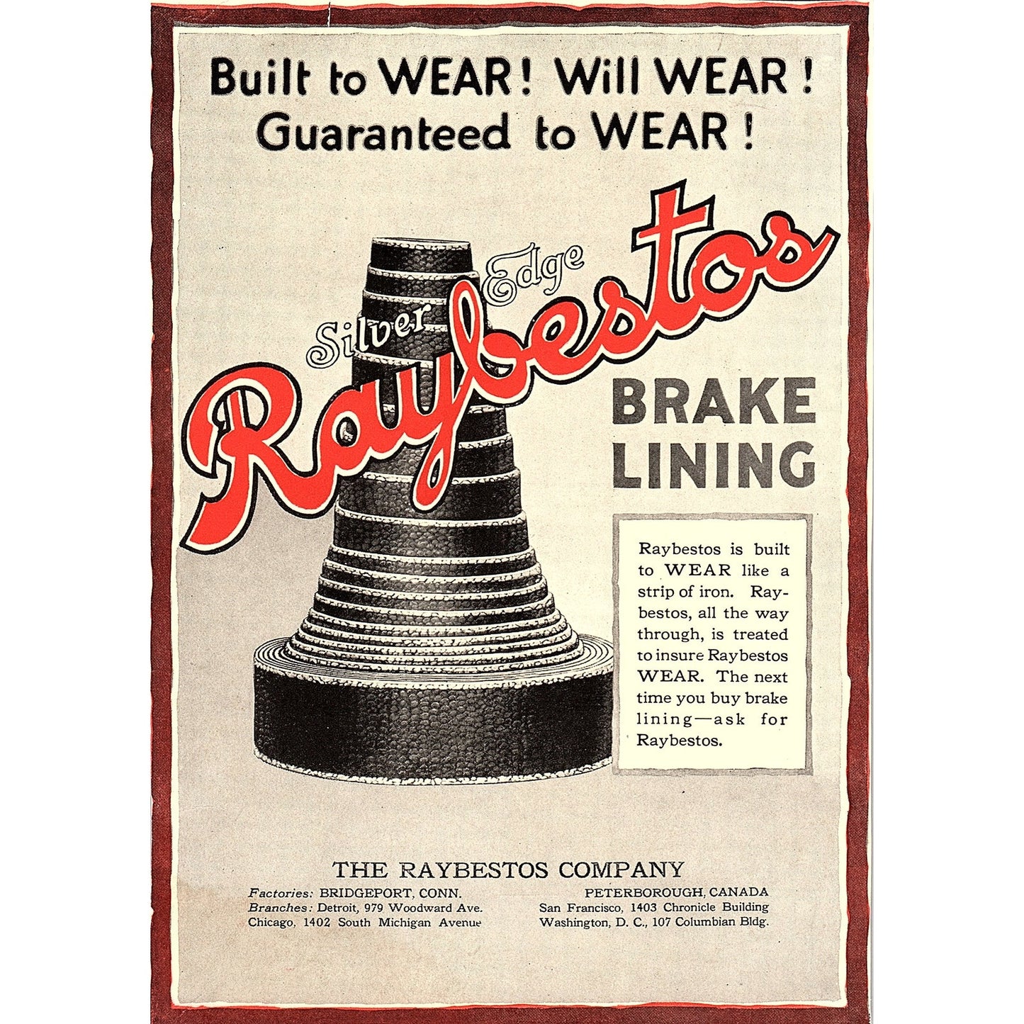 Silver Edge Raybestos Brake Lining Bridgeport CT Peterborough CA c1920 Ad AF8-7