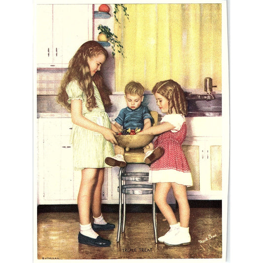 Retro Kitsch Girls Feeding Little Brother Vintage Art Print 5x7 V12