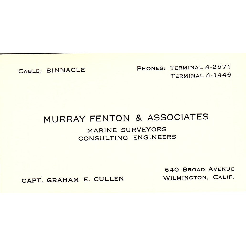 Capt Graham E Cullen Murray Fenton & Assoc Wilmington CA Business Card SD9-B9