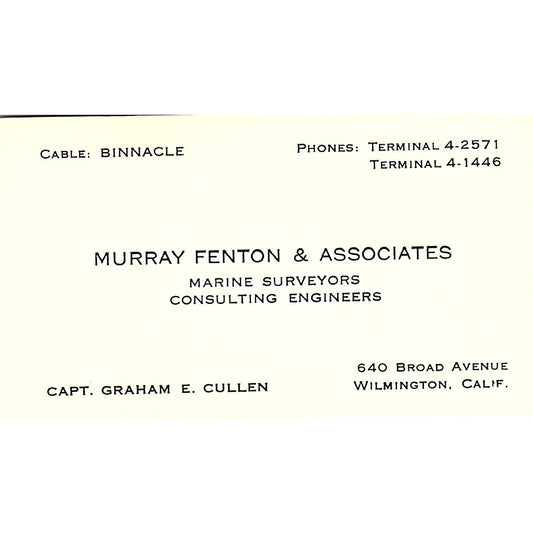 Capt Graham E Cullen Murray Fenton & Assoc Wilmington CA Business Card SD9-B9