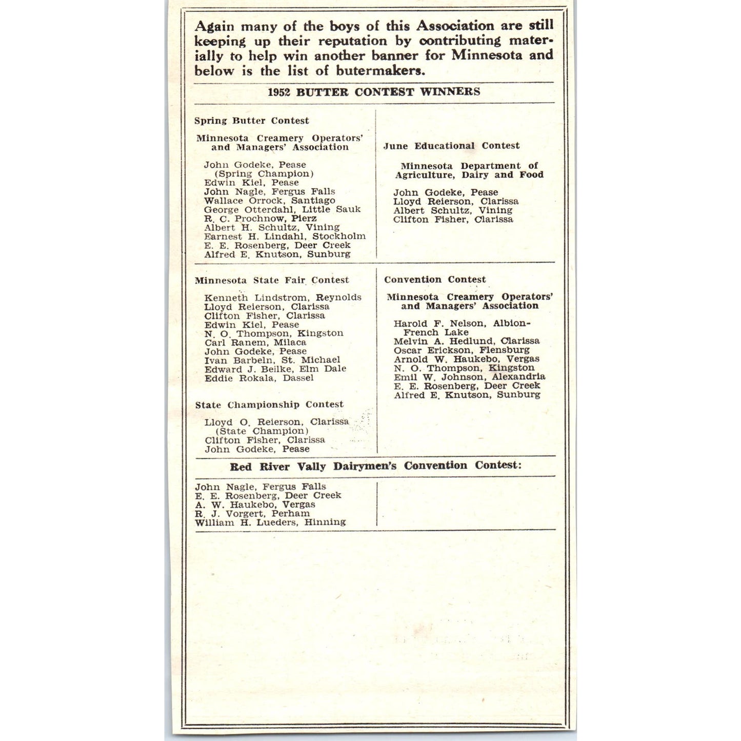 1952 Butter Contest & Red River Valley Dairymen's Contest Winners Ad AE9-DC1