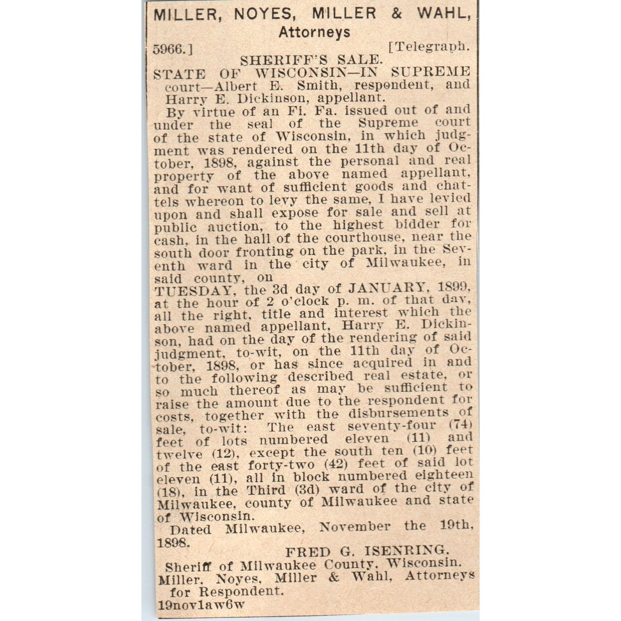 Miller, Noyes, Miller & Wahl Attorneys Milwaukee 1898 Newspaper Clip AF7-E12