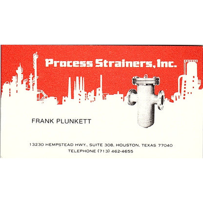 Process Strainers Frank Plunkett Houston Texas Vintage Business Card SB4-B4