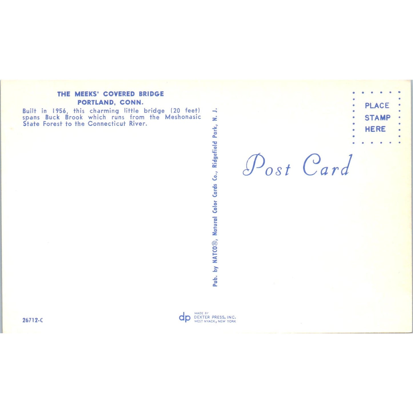 Meeks' Bridge Portland Connecticut Covered Bridge Postcard PB13