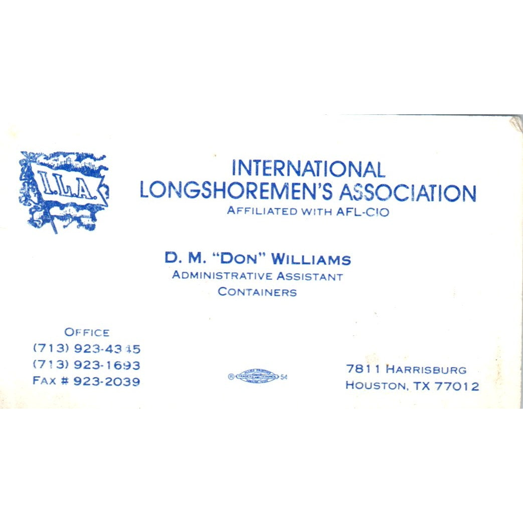 International Longshoremen's Associations D.M Don Williams Business Card SD8-B18