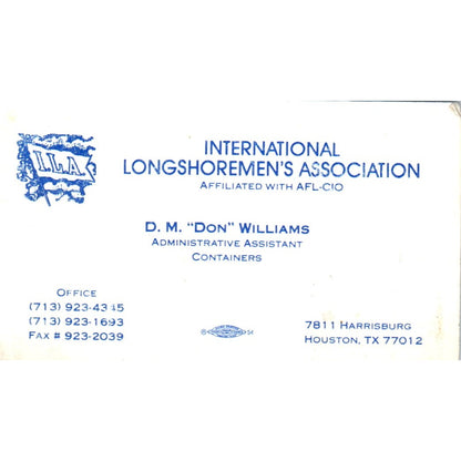 International Longshoremen's Associations D.M Don Williams Business Card SD8-B18