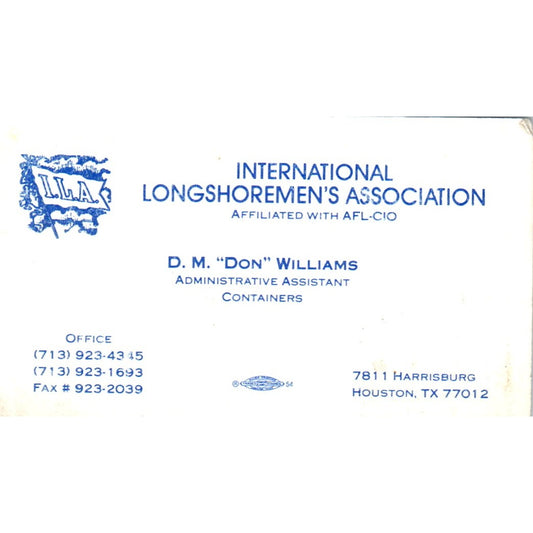 International Longshoremen's Associations D.M Don Williams Business Card SD8-B18
