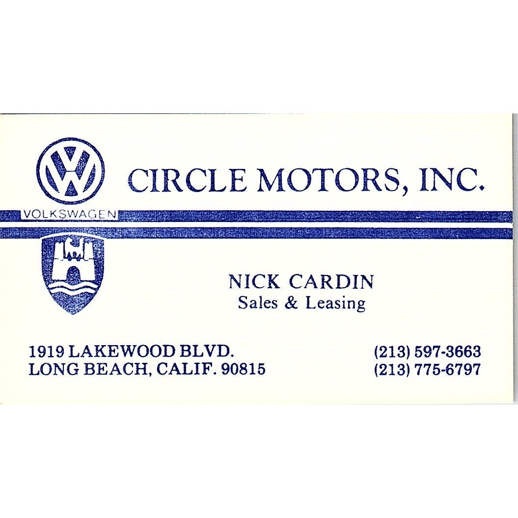 Circle Motors Volkswagen Nick Cardin Long Beach Vintage Business Card SD9-B11