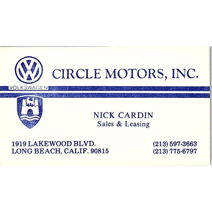 Circle Motors Volkswagen Nick Cardin Long Beach Vintage Business Card SD9-B11