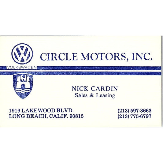 Circle Motors Volkswagen Nick Cardin Long Beach Vintage Business Card SD9-B11