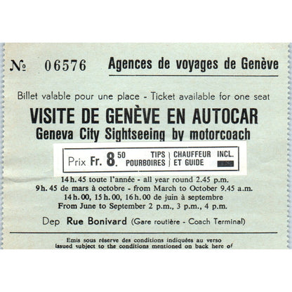 1960s Geneva City Sightseeing by Motorcoach Stub AF7-E9