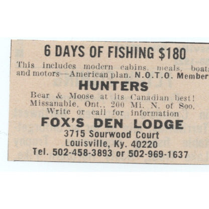 Fox's Den Lodge Hunting & Fishing Trips Louisville KY 1977 Ad AF6-M4