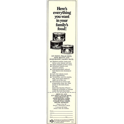 Icy Point, Pillar Rock, Pink Beauty Canned Salmon Fefco Pier 89 1972 Ad AF3-16