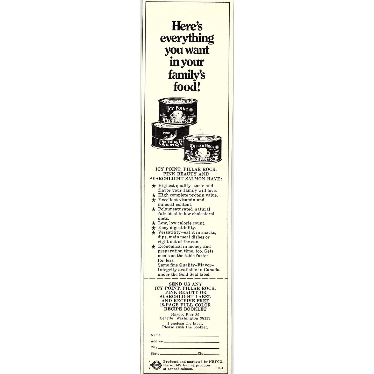 Icy Point, Pillar Rock, Pink Beauty Canned Salmon Nefco Pier 89 1972 Ad AF3-16
