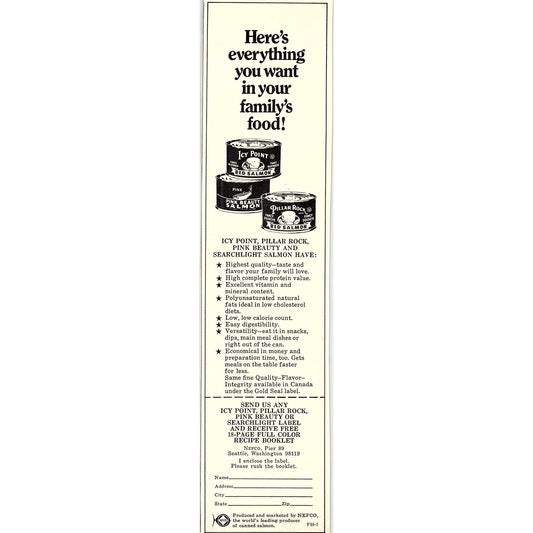 Icy Point, Pillar Rock, Pink Beauty Canned Salmon Nefco Pier 89 1972 Ad AF3-16