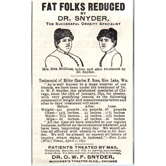 Fat Folks Reduced Dr. O.W.F. Snyder Weight Loss c1890 Victorian Ad AE8-CH6