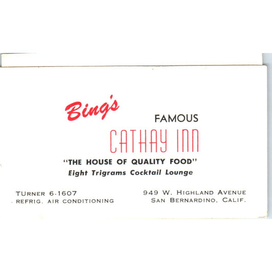 Bing's Famous Cathay Inn San Bernardino CA Vintage Business Card SD8-B7
