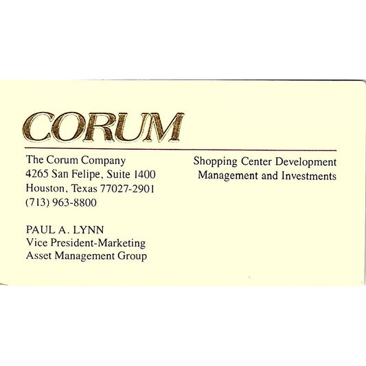 Paul A Lynn The Corum Company Houston TX Vintage Business Card SE3-B14