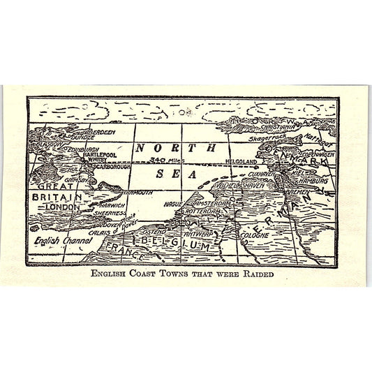 Map of English Coast Towers That Were Raided 1919 WWI Print AF9-M2