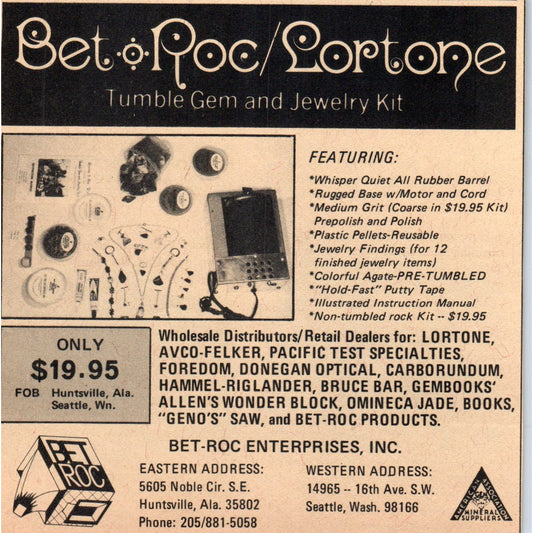 Bet-Rock Lortone Tumble Gem Jewelry Kits Huntsville AL 1971 Magazine Ad AD8-R9