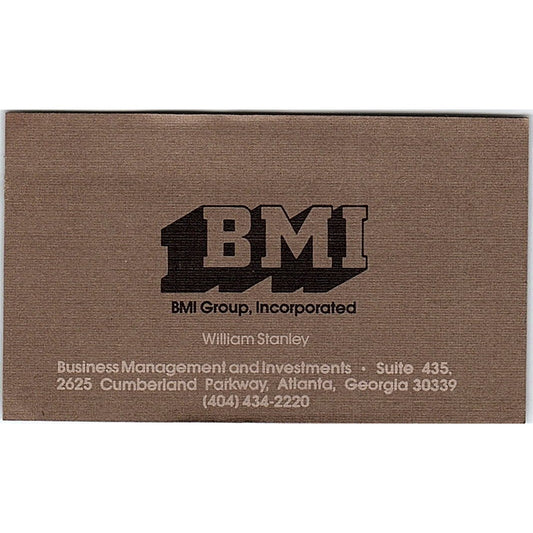 BMI Group William Stanley Atlanta Georgia Vintage Business Card SF3-B4