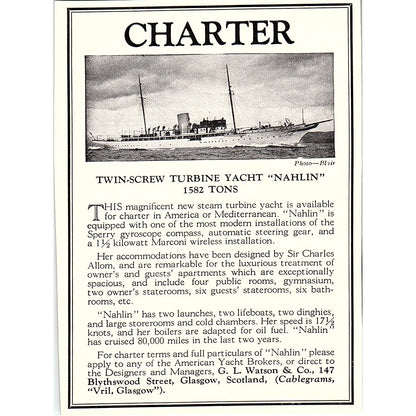 Twin Turbine Yacht "Nahlin" G.L. Watson & Co Glasgow Scotland 1932 Ad AG2-M17