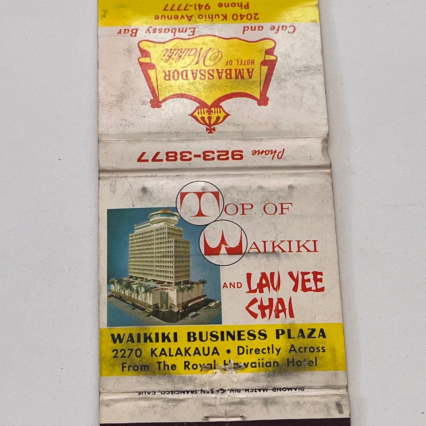 Ambassador Hotel of Waikiki Lau Yee Chai Vintage Matchbook Cover TB8-MB-14