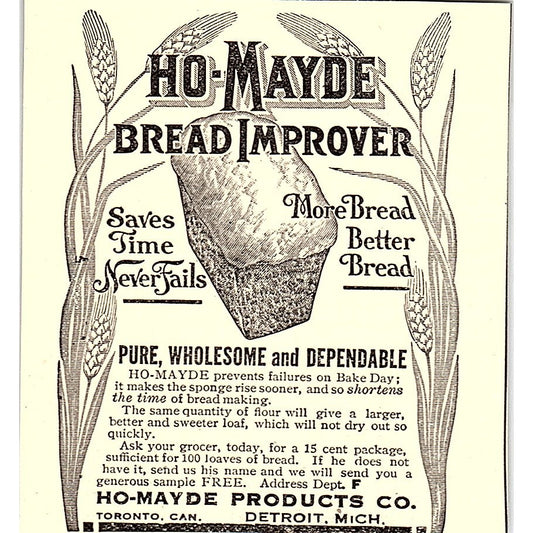 Ho-Mayde Bread Improver Detroit MI Toronto CA 1916 Ad AF6-15