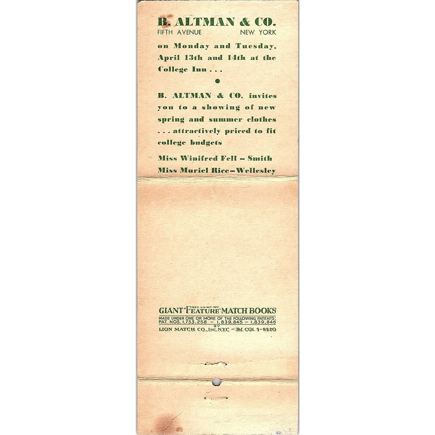 B. Altman & Co Clothiers Fifth Ave New York Jumbo Vintage Matchbook SA6-MB2-10