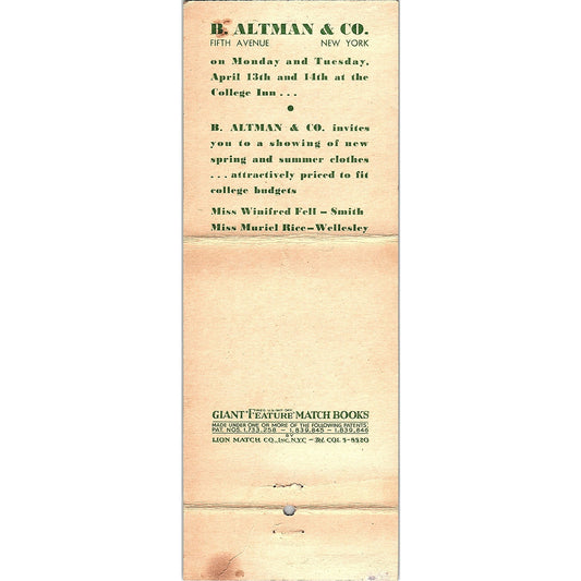 B. Altman & Co Clothiers Fifth Ave New York Jumbo Vintage Matchbook SA6-MB2-10