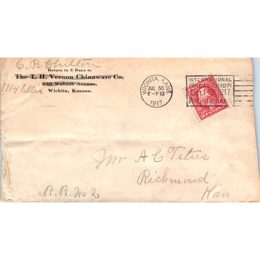 1917 T.H. Vernon Chinaware Co Wichita KS Postal Cover Envelope TG7-PC1