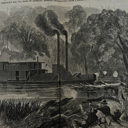 Ironclad Barrataria in Amite River Brashear Bay 1863 Civil War Engraving C29