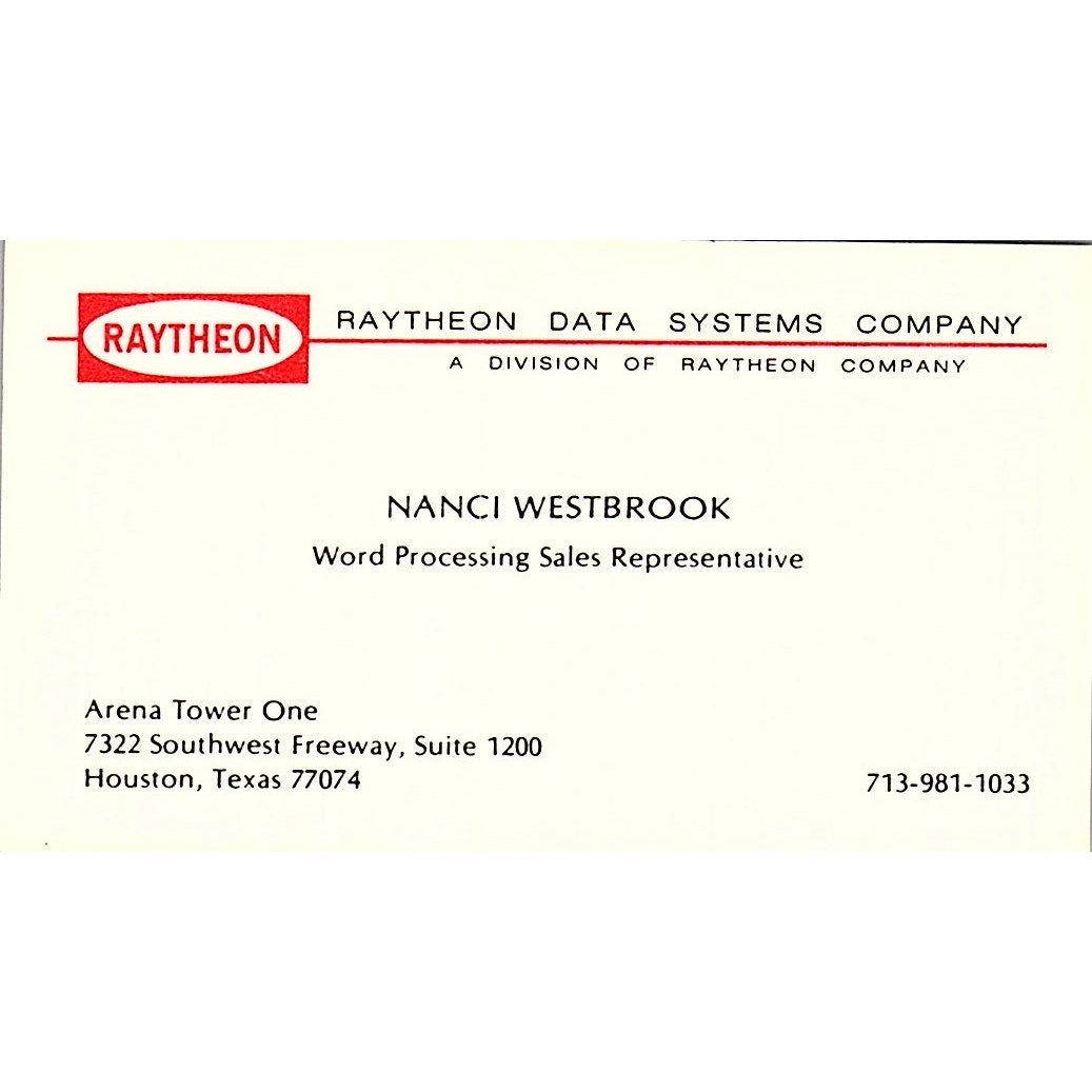 Nanci Westbrook Raytheon Data Systems Houston TX Vintage Business Card SD9-B2