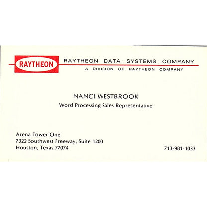 Nanci Westbrook Raytheon Data Systems Houston TX Vintage Business Card SD9-B2