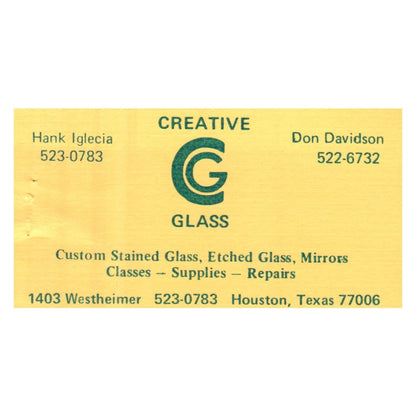 Vint. Creative Glass Stained Glass Hank Iglacia Houston TX Business Card SF3-B1