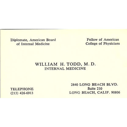 William H. Todd Internal Medicine Long Beach CA Vintage Business Card SB4-B1