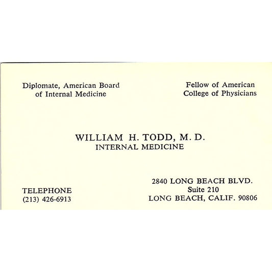 William H. Todd Internal Medicine Long Beach CA Vintage Business Card SB4-B1