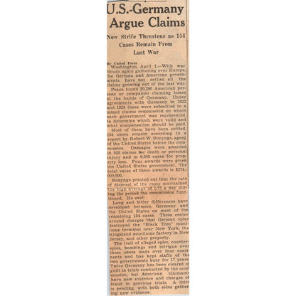 US-Germany Argue Post WWI Claims 1935 Minneapolis Journal Article AE7-N4