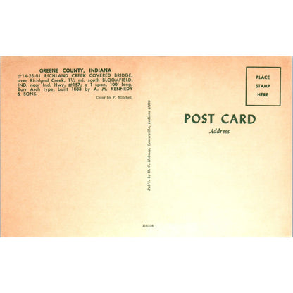 Greene County IN Richland Creek Bridge 14-28-01 Vtg Covered Bridge Postcard PD3