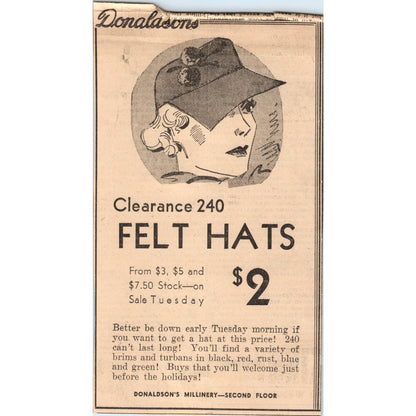 Donaldson's Felt Hats 4x7" 1935 Minneapolis Journal Advertisement AE7-N1