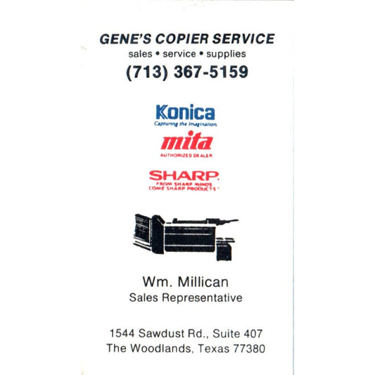 Gene's Copier Service Wm. Millican The Woodlands TX Vintage Business Card SD4-B3