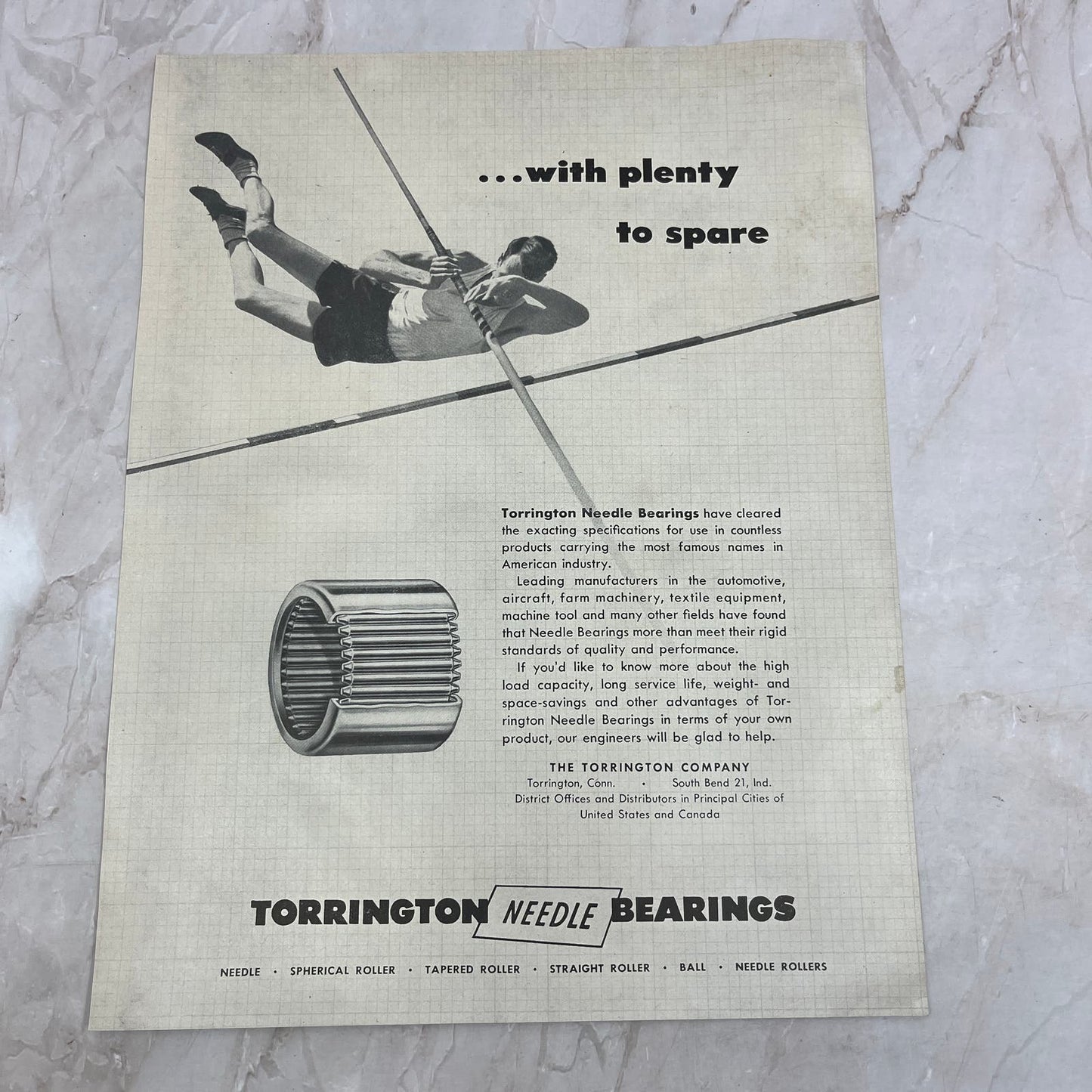 Torrington Needle Bearings Torrington CT Pole Vaulting 1951 Magazine Ad FL6-10