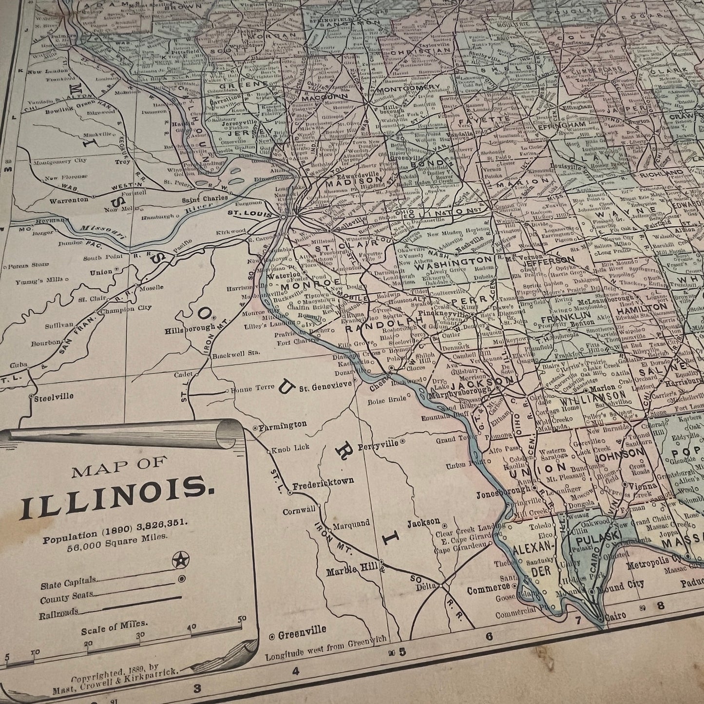 Ohio & Illinois Fold Out 1894 Map Engraving V1-6