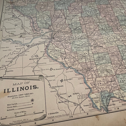 Ohio & Illinois Fold Out 1894 Map Engraving V1-6