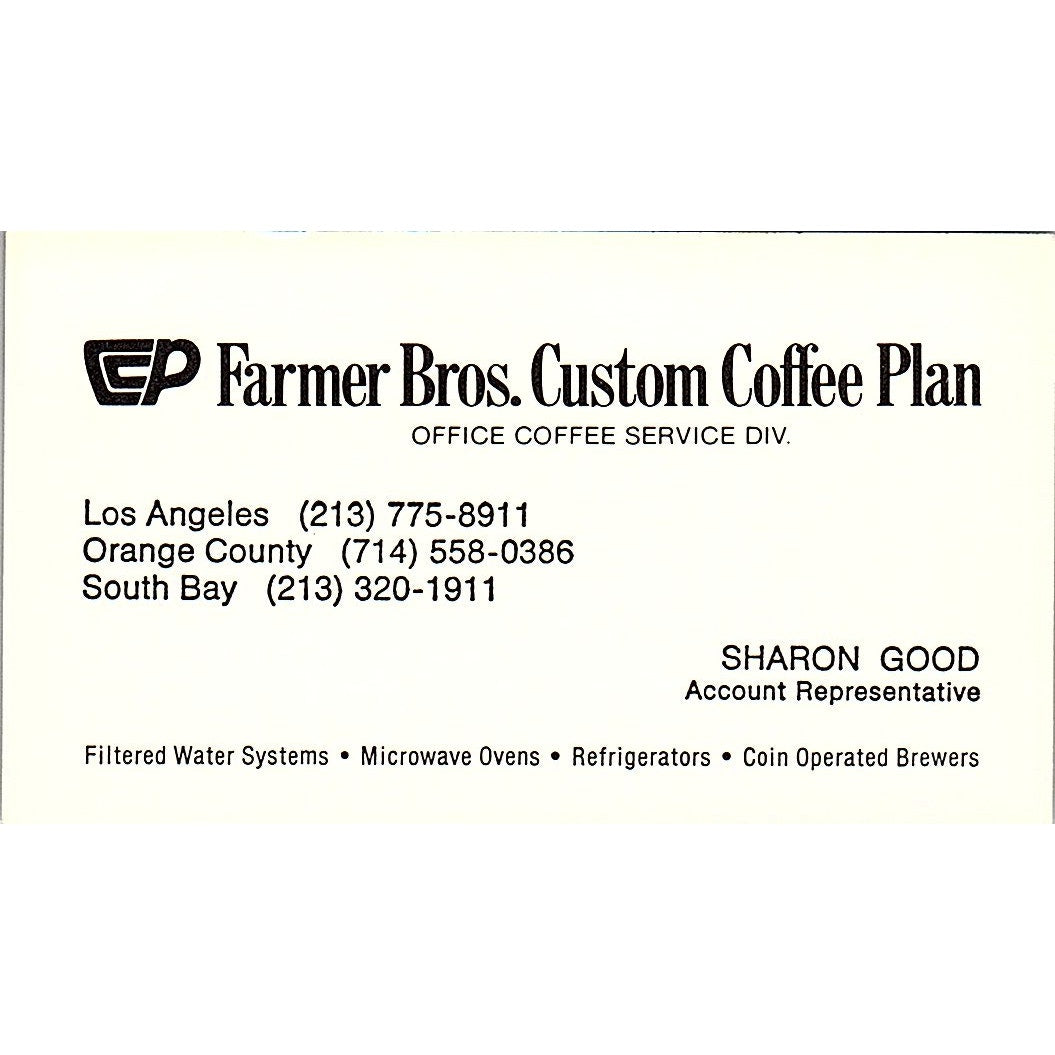 Sharon Good Farmer Bros Custom Coffee Long Beach Vintage Business Card SD9-B11