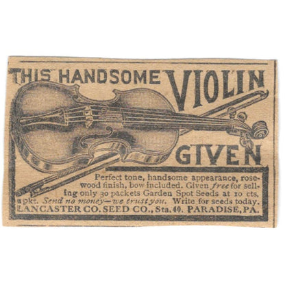 Lancaster Co Seed Co Paradise PA Free Violin Offer 1923 Magazine Ad Clip AE1-6