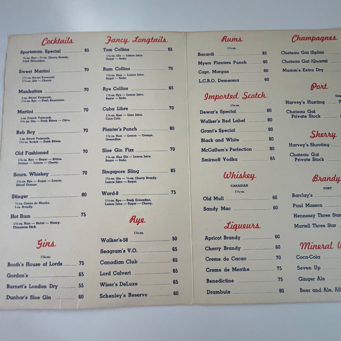 Vintage Red Lake Inn Ontario Drink Menu J17