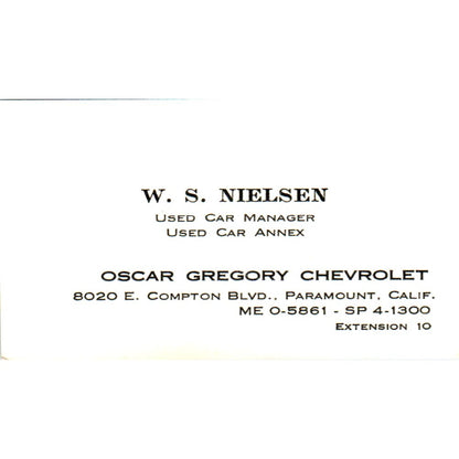 W.S. Nielsen Oscar Gregory Chevrolet Paramount CA Vintage Business Card SE3-B7