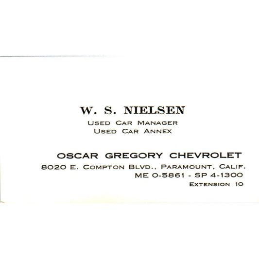 W.S. Nielsen Oscar Gregory Chevrolet Paramount CA Vintage Business Card SE3-B7